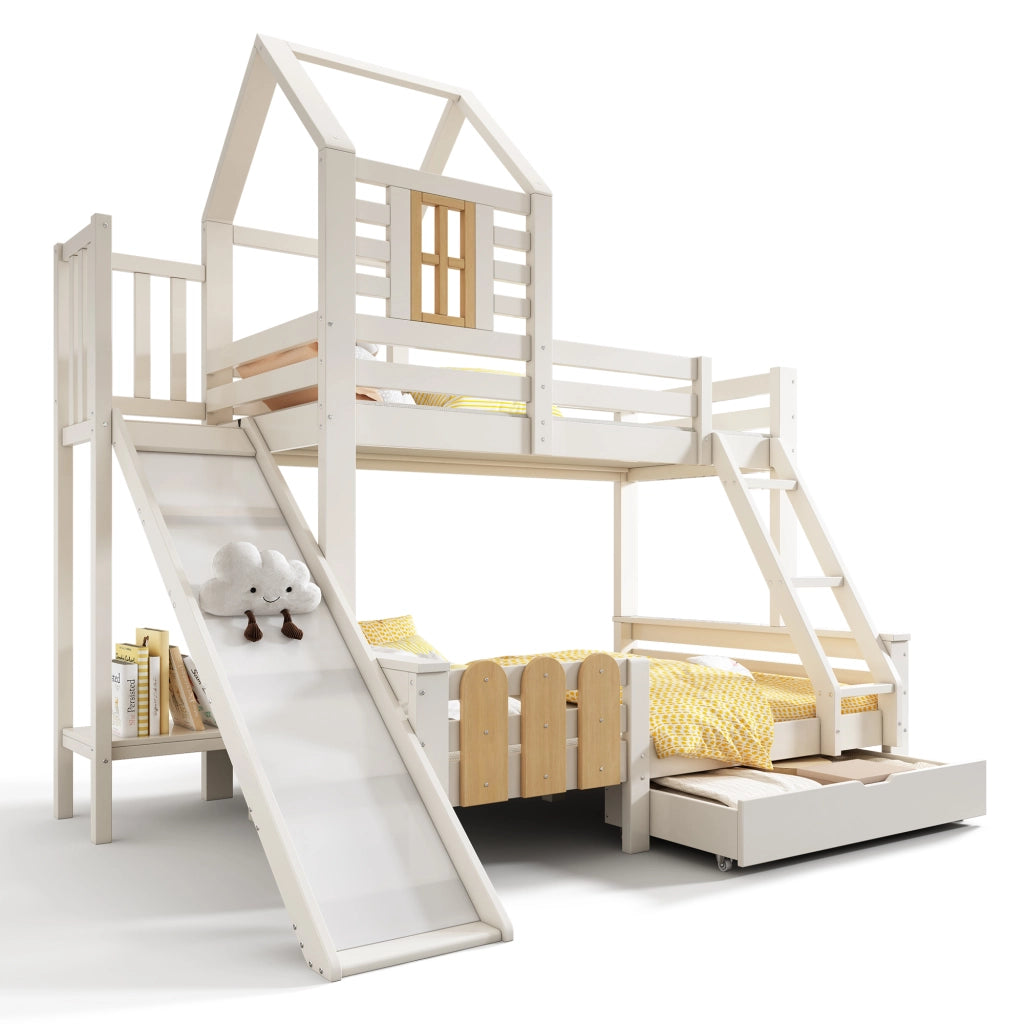 Letto a castello con scivolo e scala; bianco e legno; 90x200/140x200 cm
