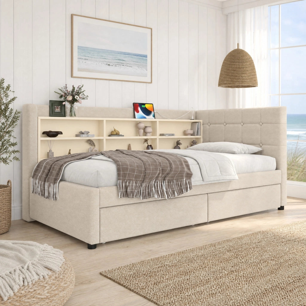 Letto con cassetti 90 × 200 cm con testiera a bottoni; prese USB e Type-C; ripiani; lino e MDF beige