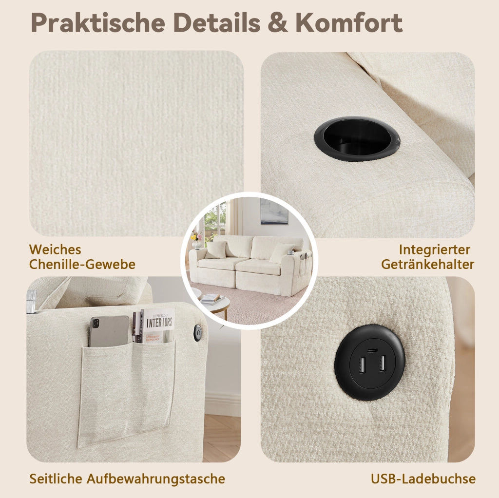 DIVANO Relax 2 posti 220x100x89 cm in chenille beige con porta USB