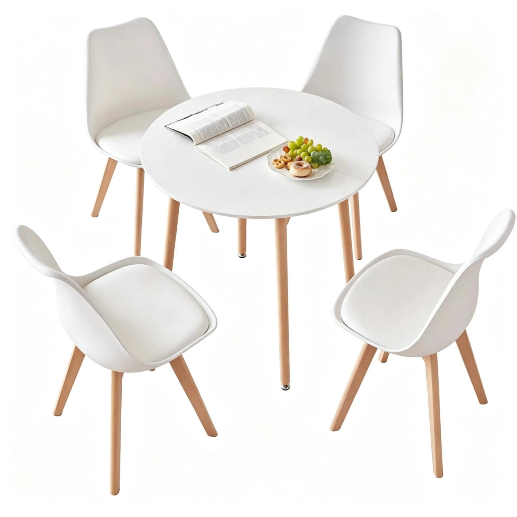 Set tavolo rotondo e 4 sedie bianco e legno