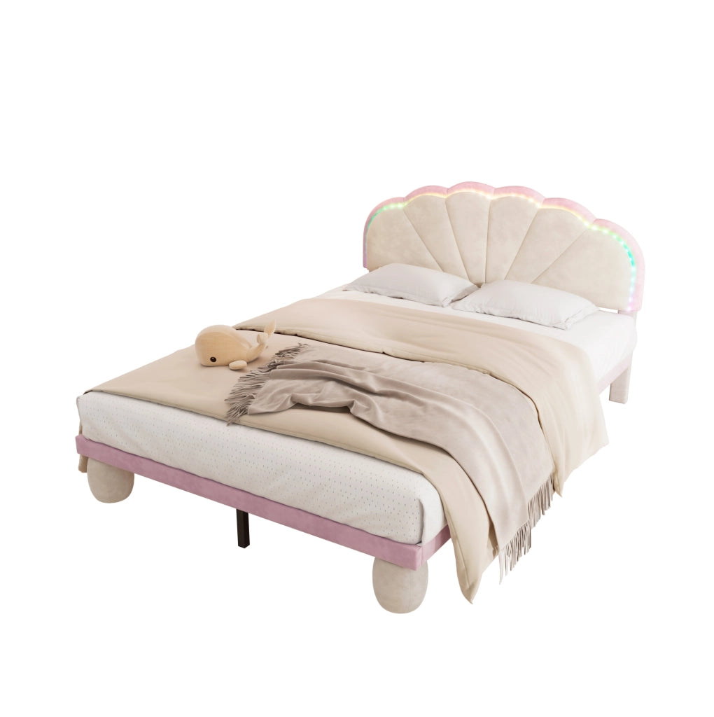 Letto imbottito per bambini 140x200 cm con luci multicolore in velluto beige e rosa
