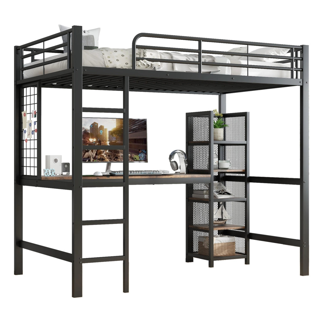 Letto a soppalco 90x200 cm con scrivania e scaffale in metallo e MDF nero