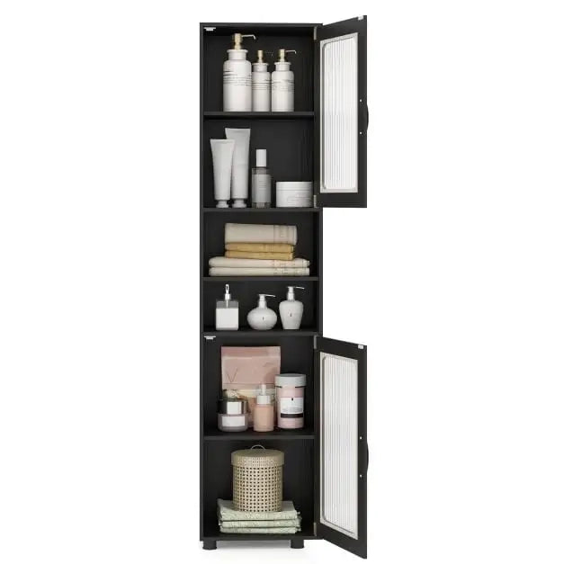Tall Bathroom Storage Cabinet with Fluted Doors Adjustable Shelf-Dark Black