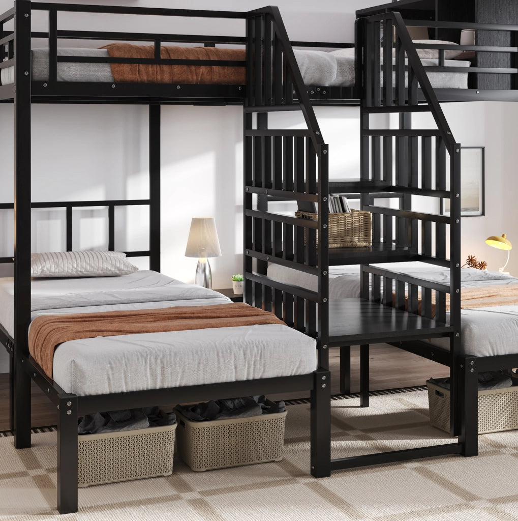 Letto a castello 3 posti 90x200 e 140x200 cm con scala e contenitore; nero