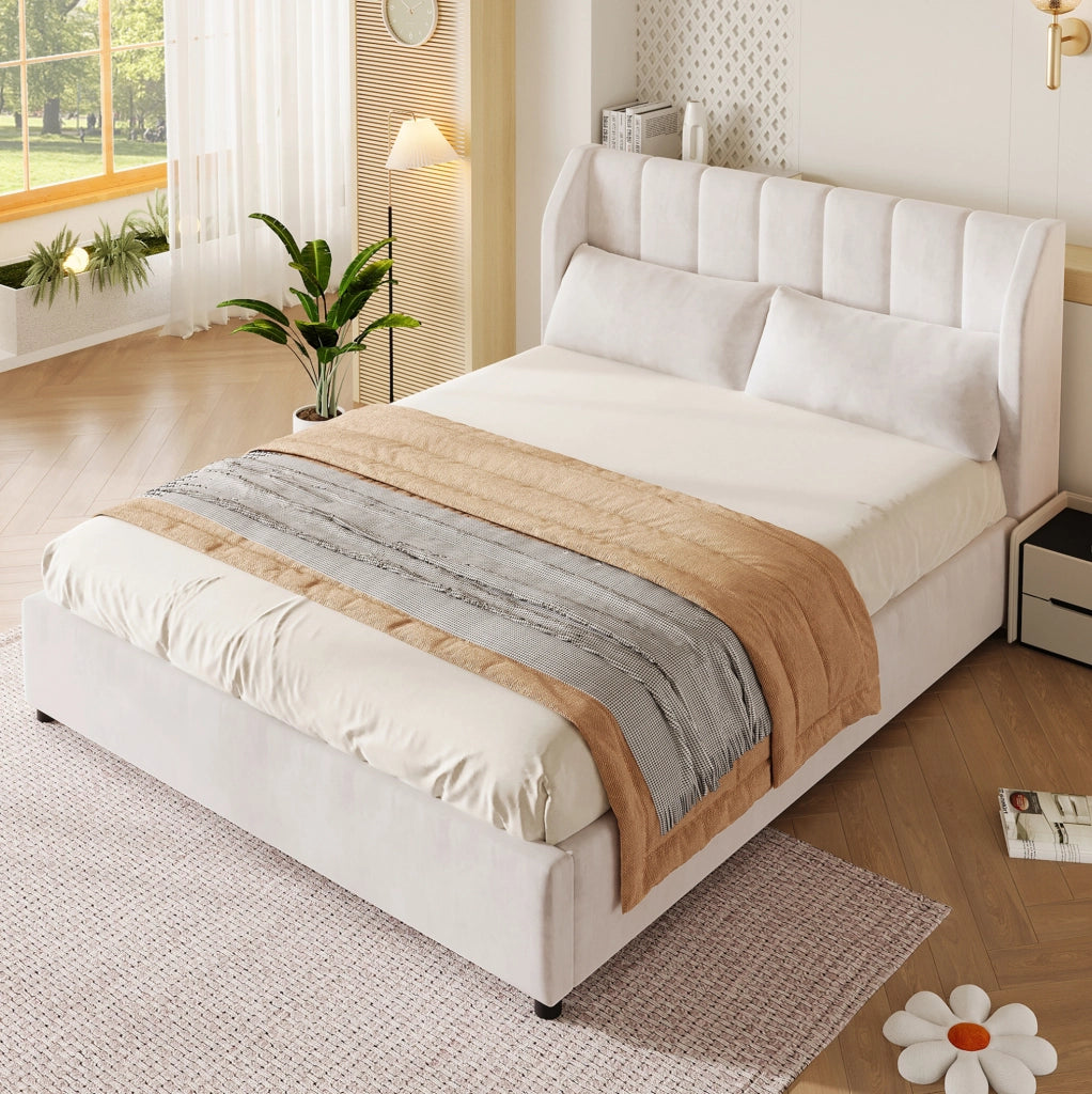 Letto imbottito 140x200 cm beige con rete a doghe e 2 cuscini