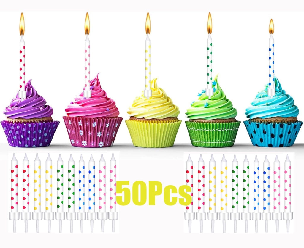 50 candeline colorate per torta di compleanno con supporti, 7 cm, arcobaleno