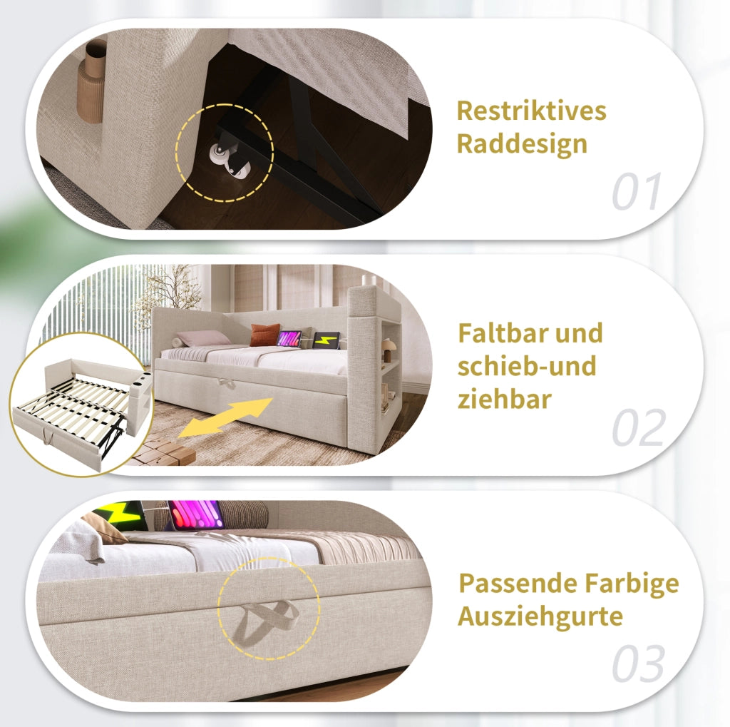 Letto divano estraibile 90x190 cm beige con USB e portabicchieri
