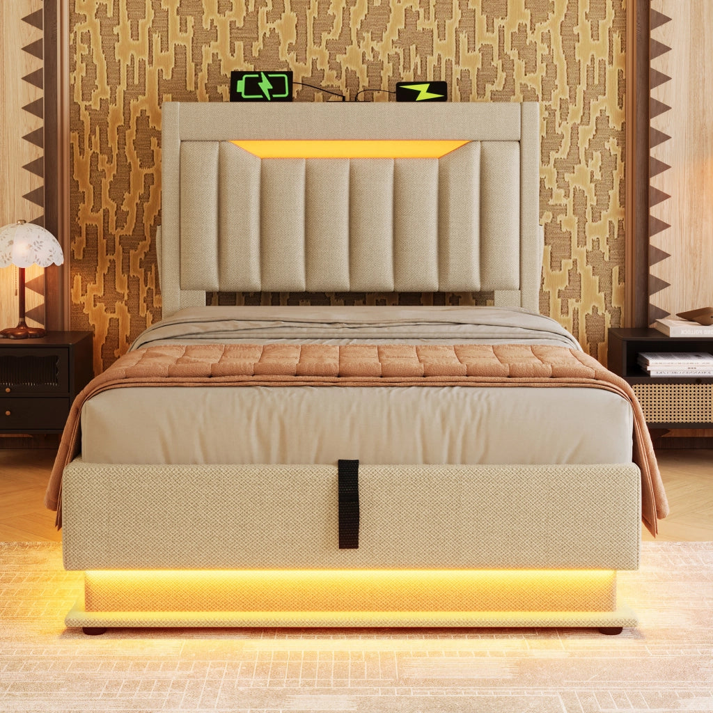 Letto singolo beige 90x200 cm con materasso e luci LED