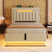 Letto singolo beige 90x200 cm con materasso e luci LED