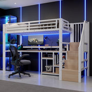 Letto a soppalco 90x200 cm con LED, USB-C e armadio scala
