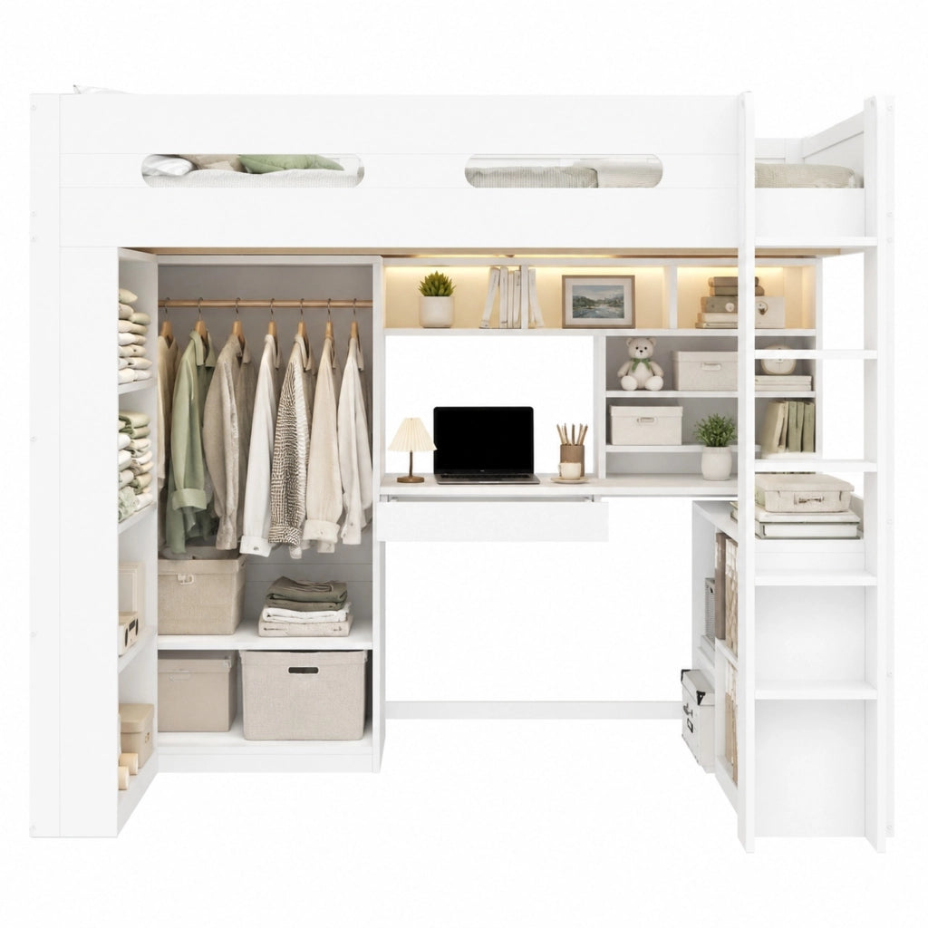 Letto a soppalco 90x200 cm con scrivania, armadio e LED bianco