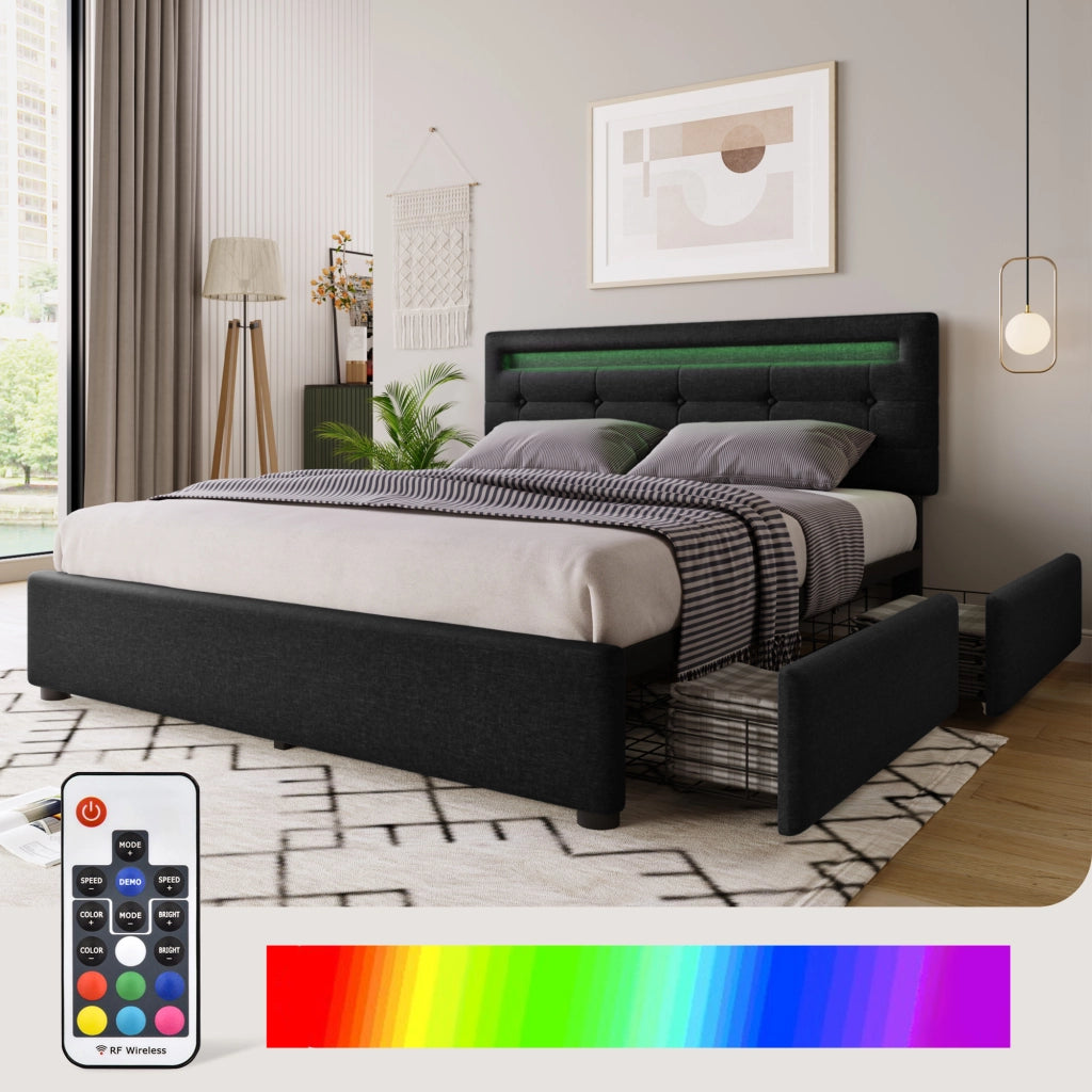 Letto matrimoniale 140x200 cm in lino nero con LED