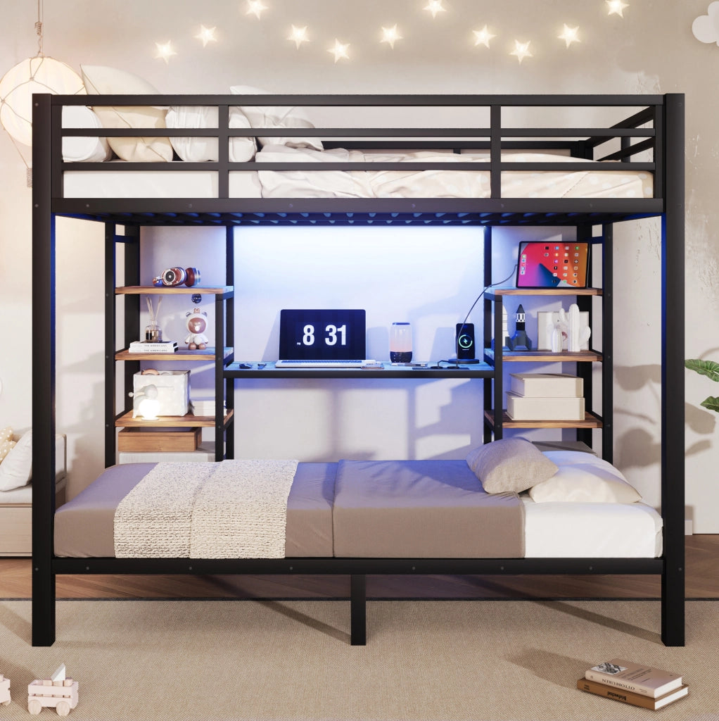 Letto a castello in metallo con LED e ricarica USB, nero