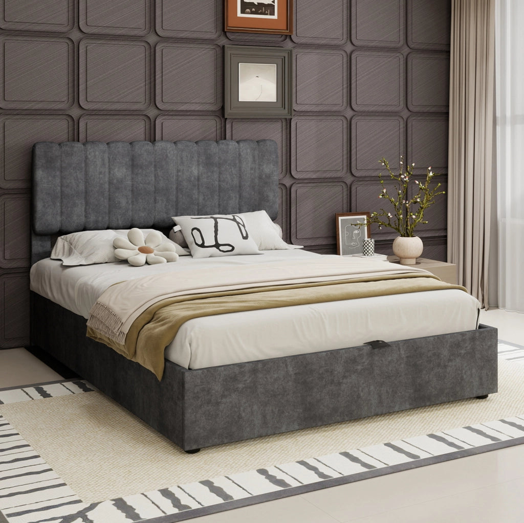 Letto matrimoniale imbottito in tessuto grigio 140x200 cm