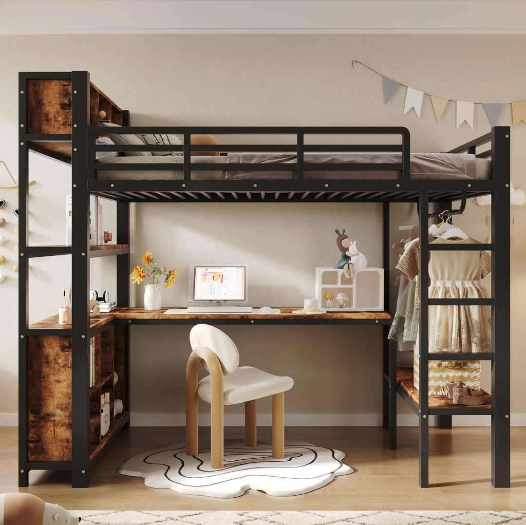 Letto a soppalco 90x200 cm con scrivania e guardaroba