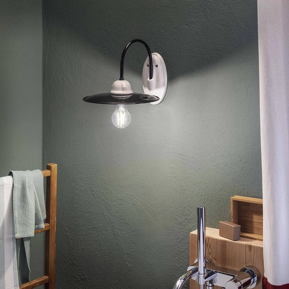 Applique Industrial Potenza Ferro E Ceramica Nero E Decorata Lucida 1 Luce E27
