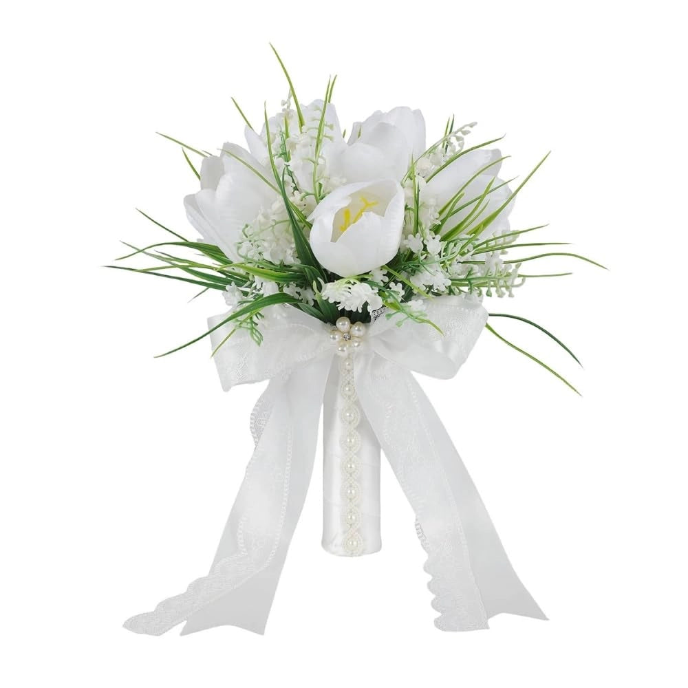 Bouquet artificiale, con tulipani e campanule, 9,8 pollici, colore bianco
