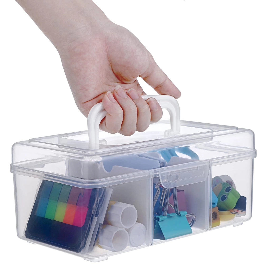 Contenitore impilabile, con 3 scomparti, trasparente, dimensioni 19,4 x 11 x 9 cm