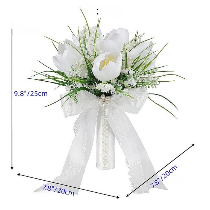Bouquet artificiale, con tulipani e campanule, 9,8 pollici, colore bianco