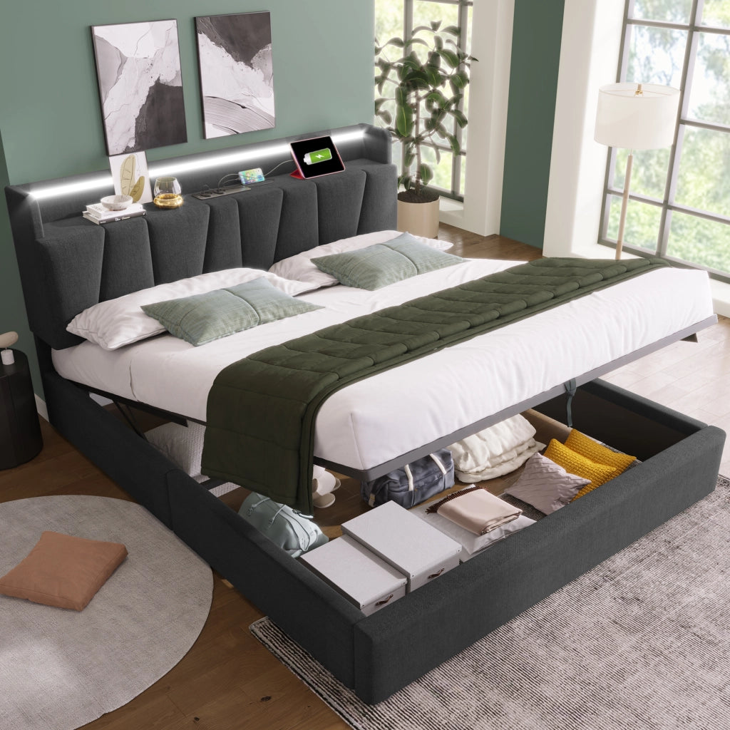 Letto matrimoniale 140x200 cm grigio con contenitore
