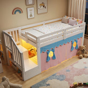 Letto semi-alto 90x200 cm con LED, tende e mobile scala