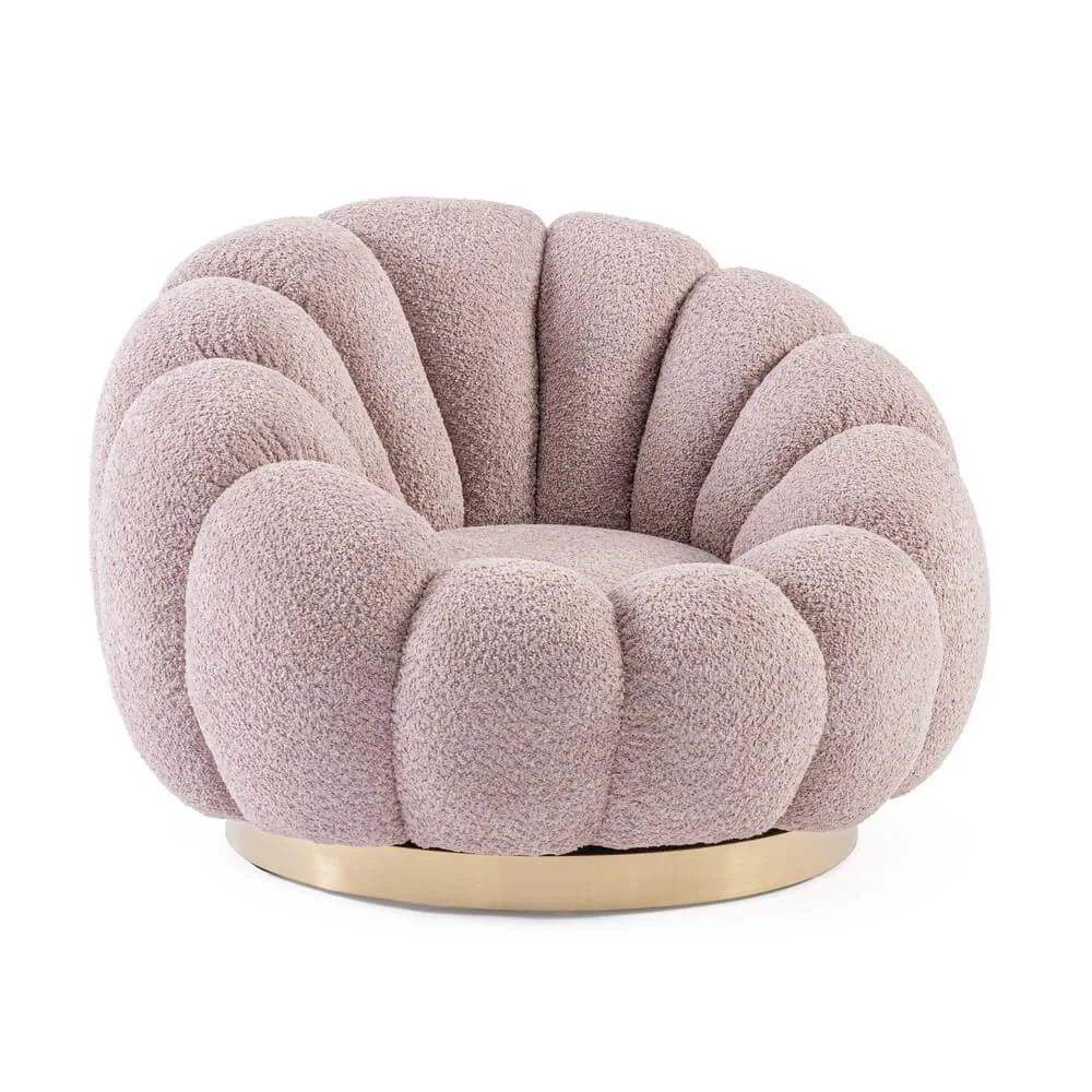 Poltrona Girevole Bouclé con Base in Acciaio Dorato Rachel Rosa