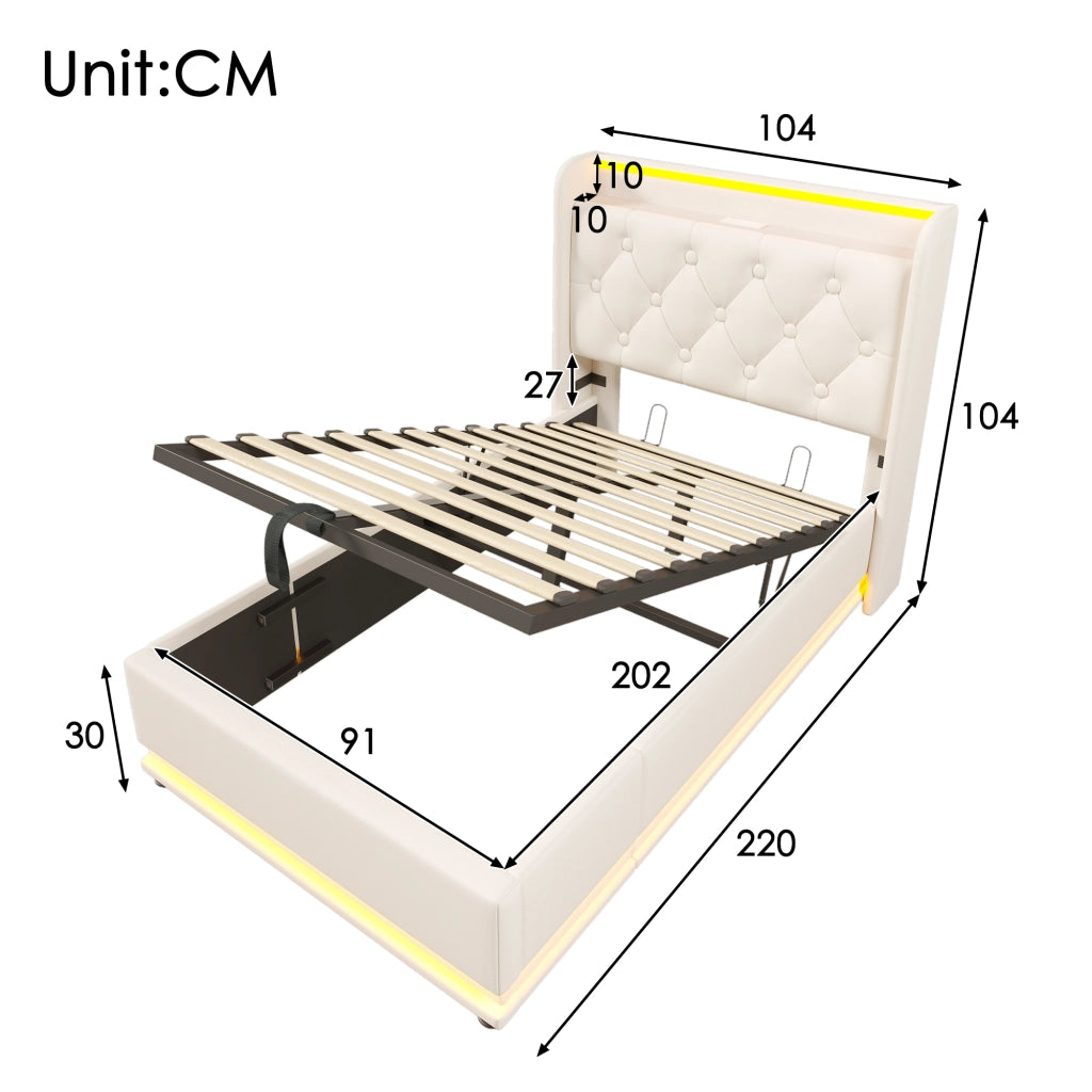 Letto singolo imbottito 90x200 cm con contenitore idraulico