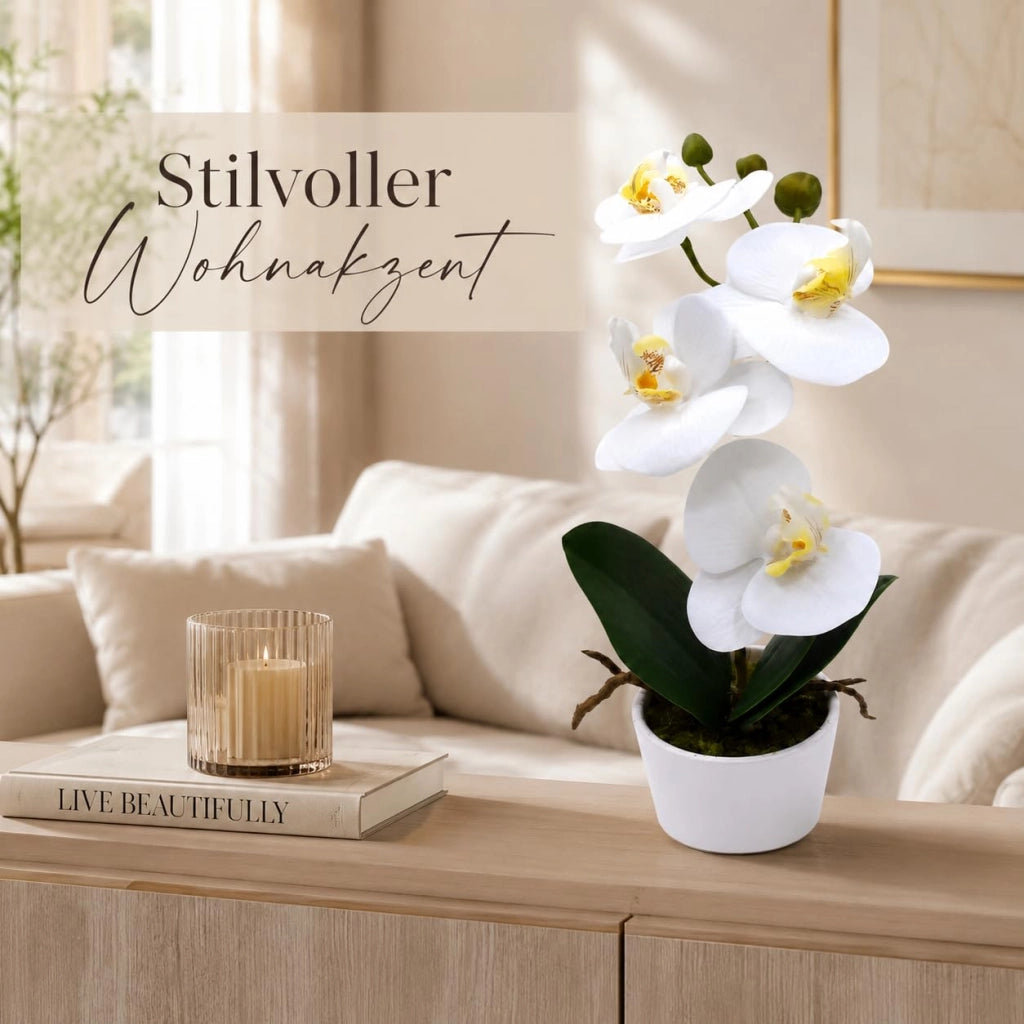 Orchidea artificiale in vaso, color crema, 26 cm, facile da curare