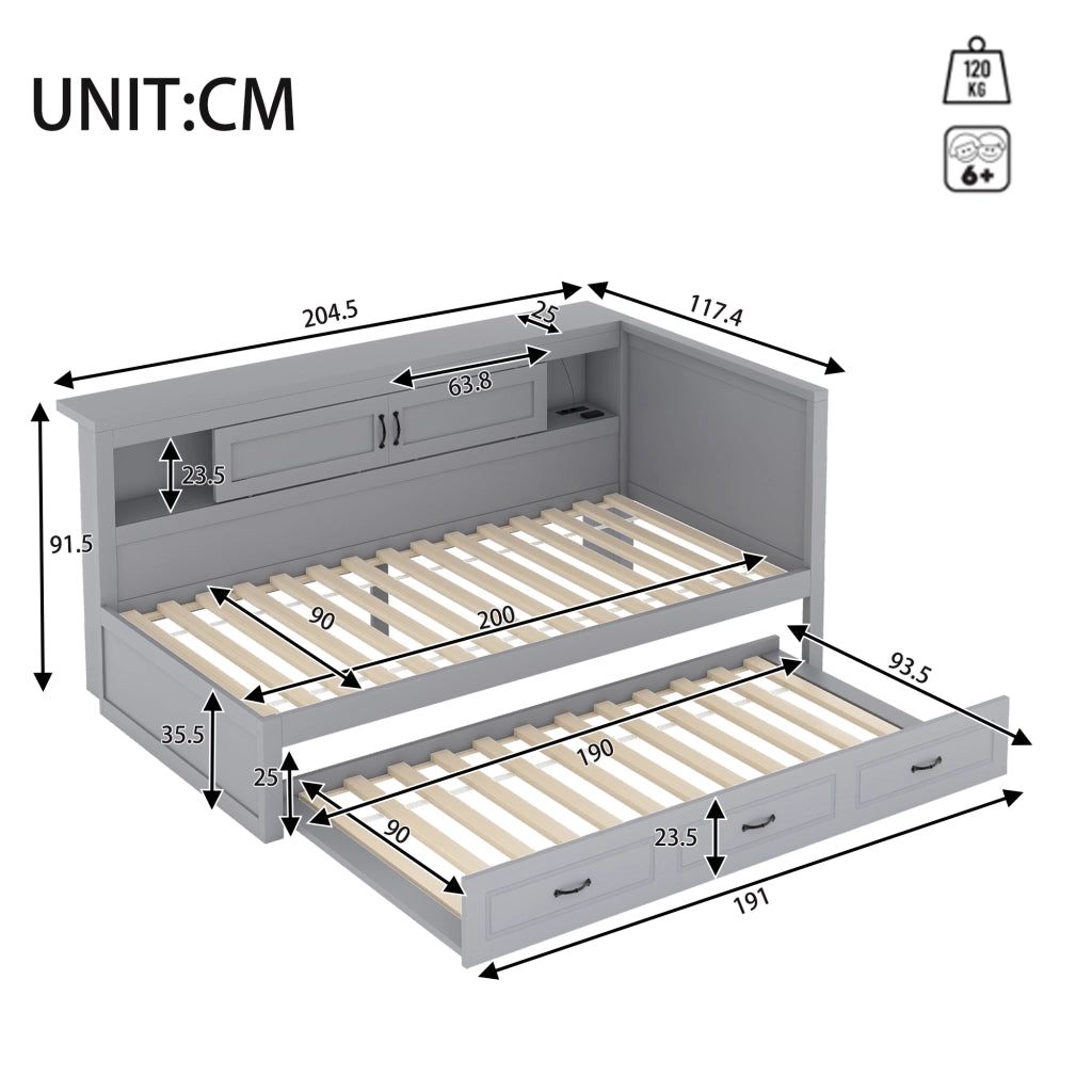 Letto singolo 90 x 200 cm; estraibile salvaspazio con LED