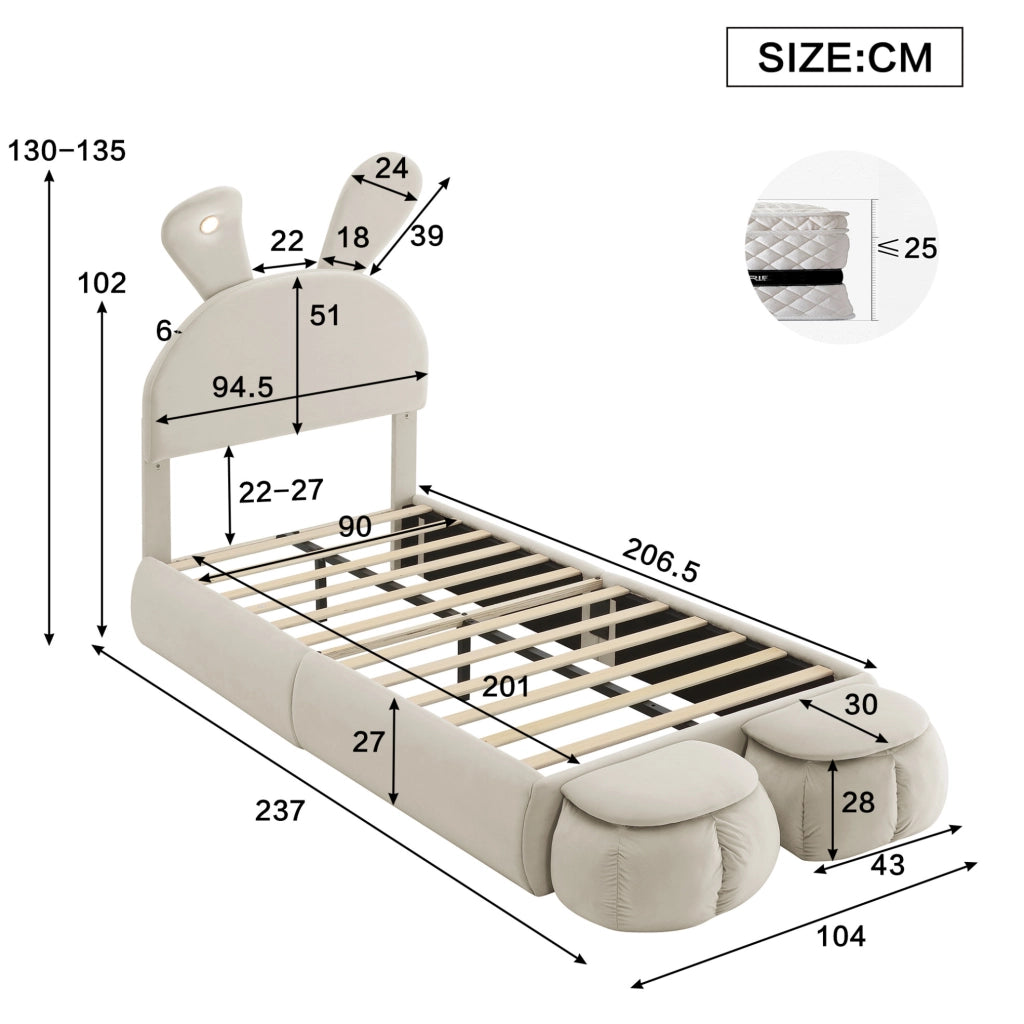 Letto singolo per bambini 90x200 cm con LED regolabile e 2 pouf; velluto beige