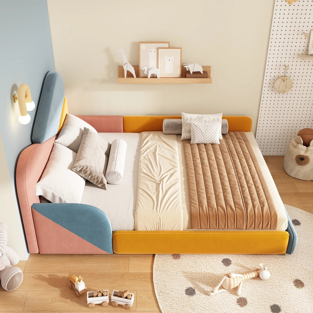Letto per bambini imbottito 140 × 200 cm in velluto francese blu rosa e arancione con sponde rialzate patchwork