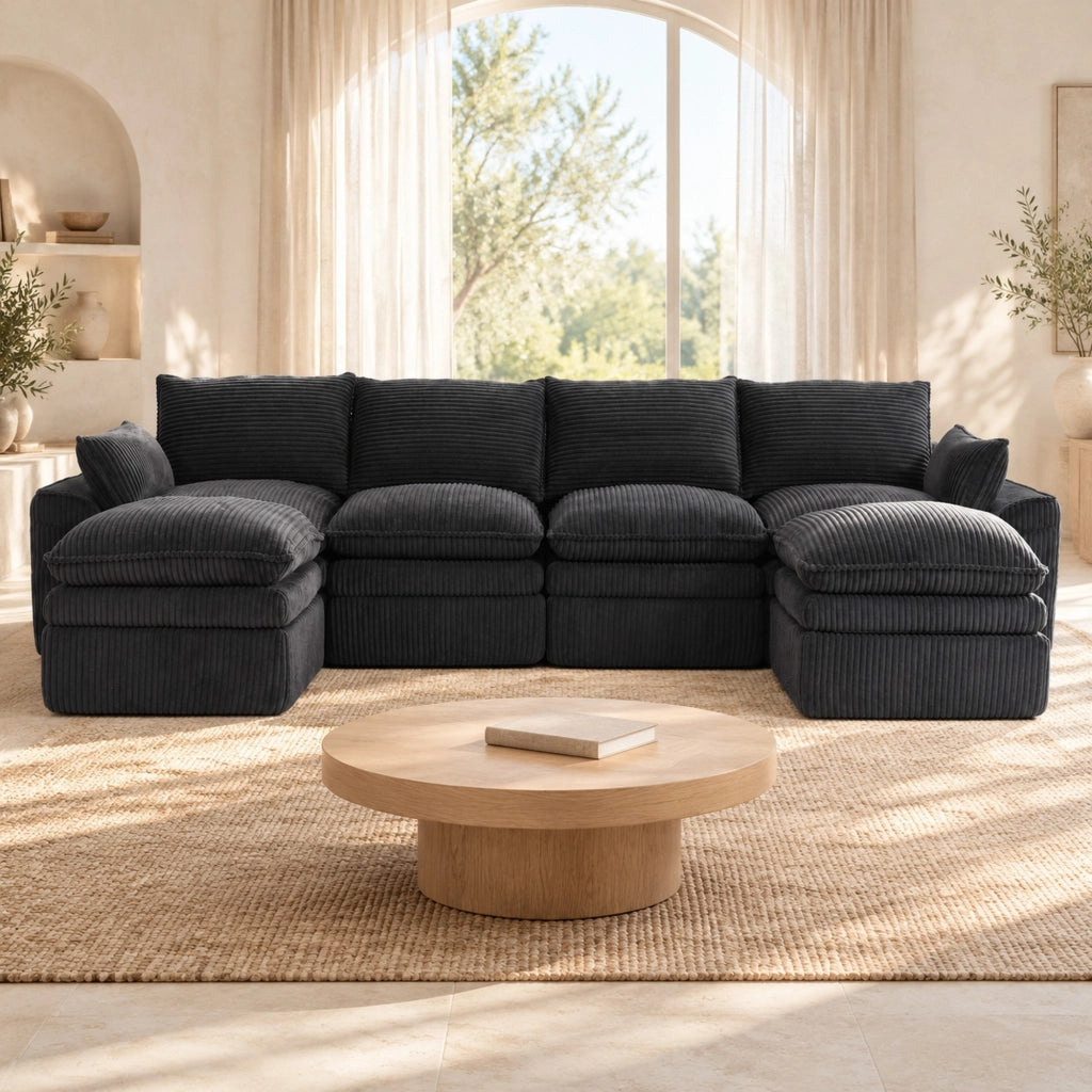 Divano modulare ULEVR 335x167x85 cm in velluto a coste nero con tasche laterali e cuscini