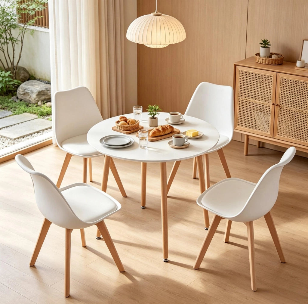Set tavolo rotondo e 4 sedie bianco e legno