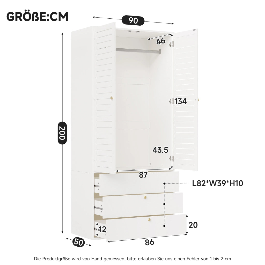 Armadio con 2 ante e 3 cassetti - per camera da letto - 90 x 50 x 200 cm - bianco