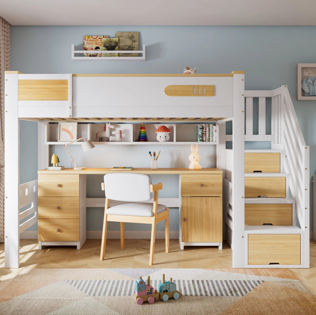 Letto a soppalco 90x200 cm bianco e naturale con scrivania