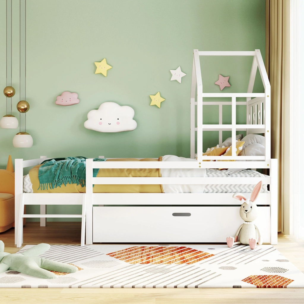 Letto per bambini a soppalco bianco 90x200 cm con scala