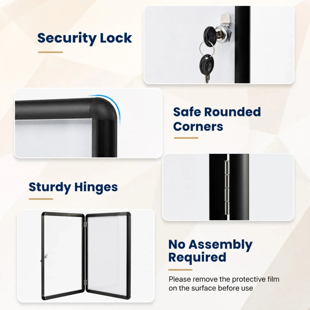 Lockable display case/information box with magnetic and writable back panel, 84 x 54 cm, black