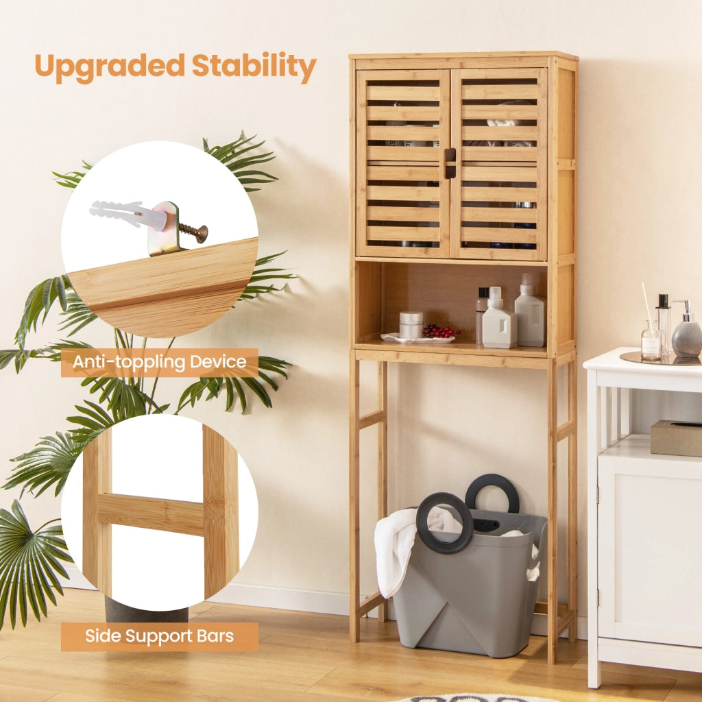 Bamboo Toilet Cabinet with 2 Slatted Doors & Open Shelf & Adjustable Crossbar