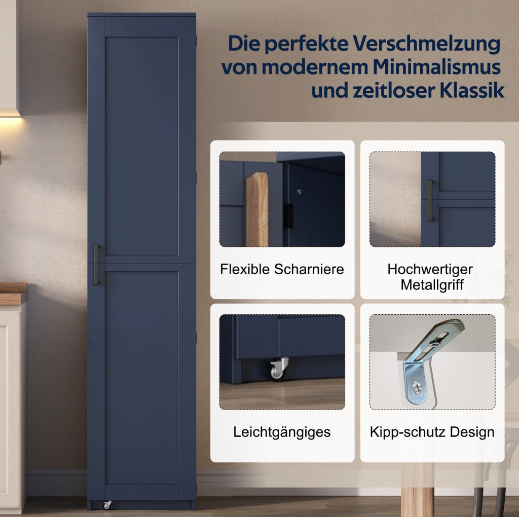 Armadio alto blu in MDF con ripiani regolabili e vani nell’anta, 40 × 40 × 183 cm