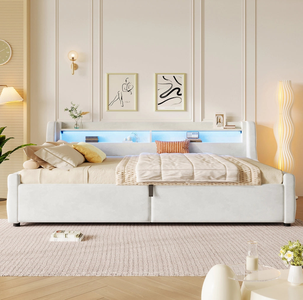 Letto imbottito 140x200 cm con contenitore idraulico e LED, bianco sporco