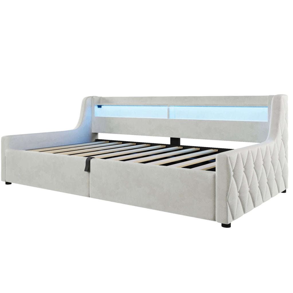 Letto singolo contenitore 90x200 cm con LED, bianco sporco