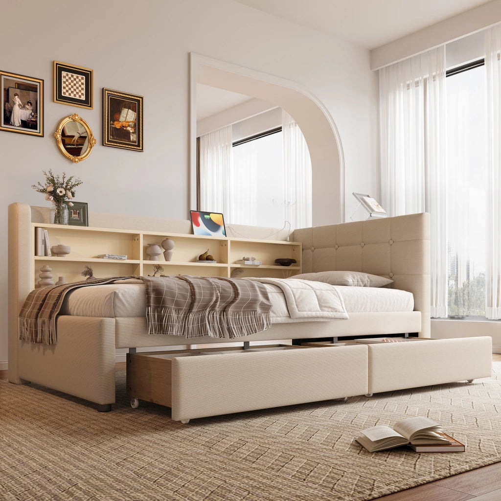 Letto con cassetti 90 × 200 cm con testiera a bottoni; prese USB e Type-C; ripiani; lino e MDF beige