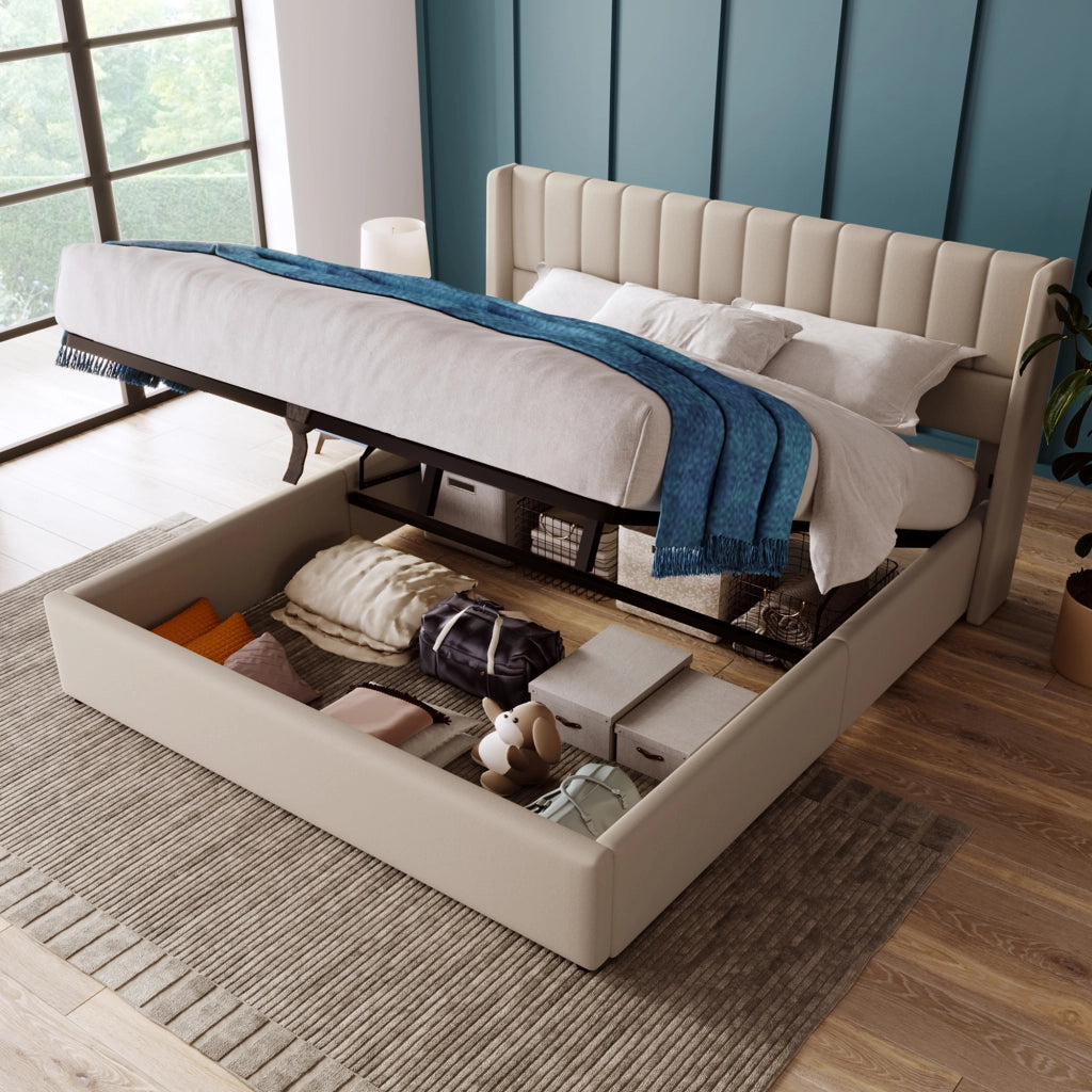 Letto contenitore 140x200 cm beige con sollevamento idraulico