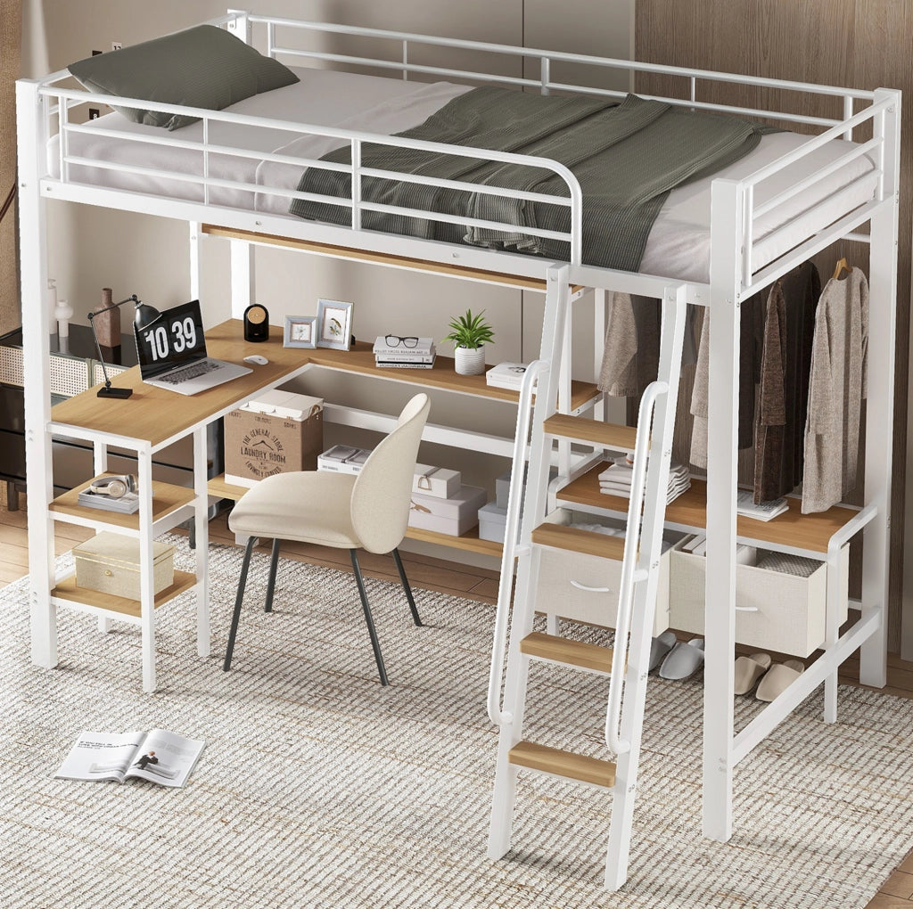 Letto a soppalco 90x200 cm con scrivania; scaffale e contenitori in metallo e MDF