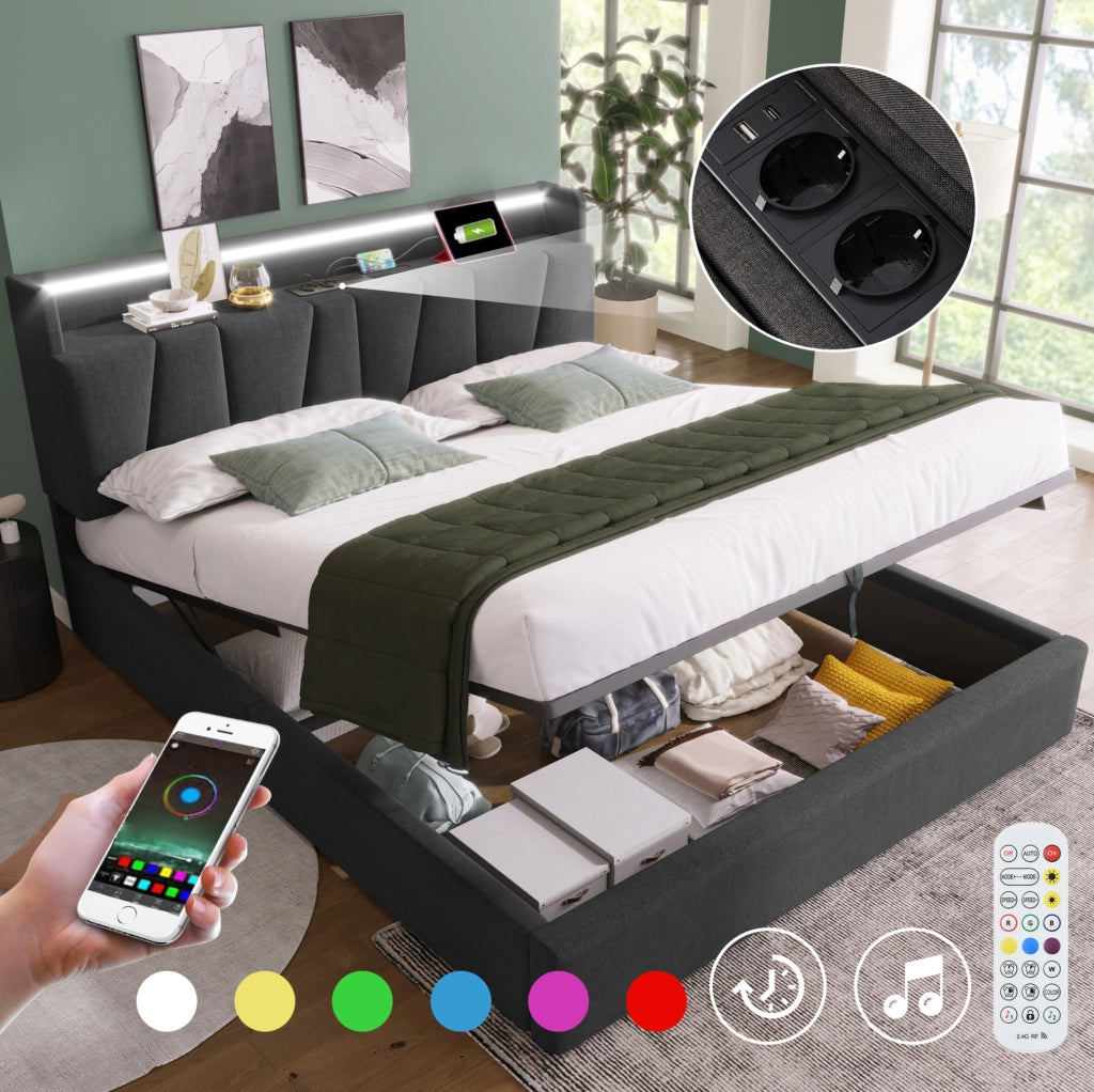 Letto contenitore 140x200 cm grigio con LED RGBW e prese USB