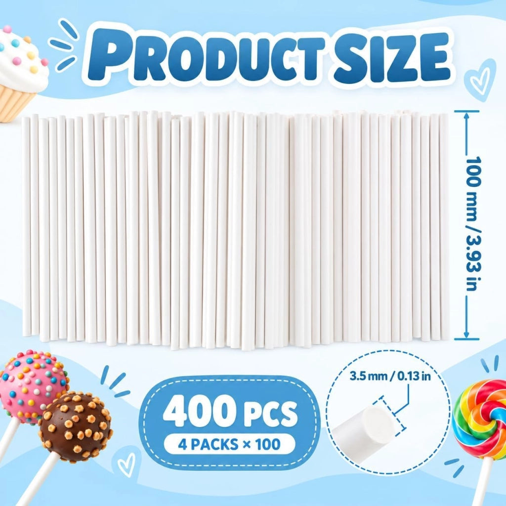 400 stecchini di carta per cake pop, bianchi, 10 cm × 3,5 mm