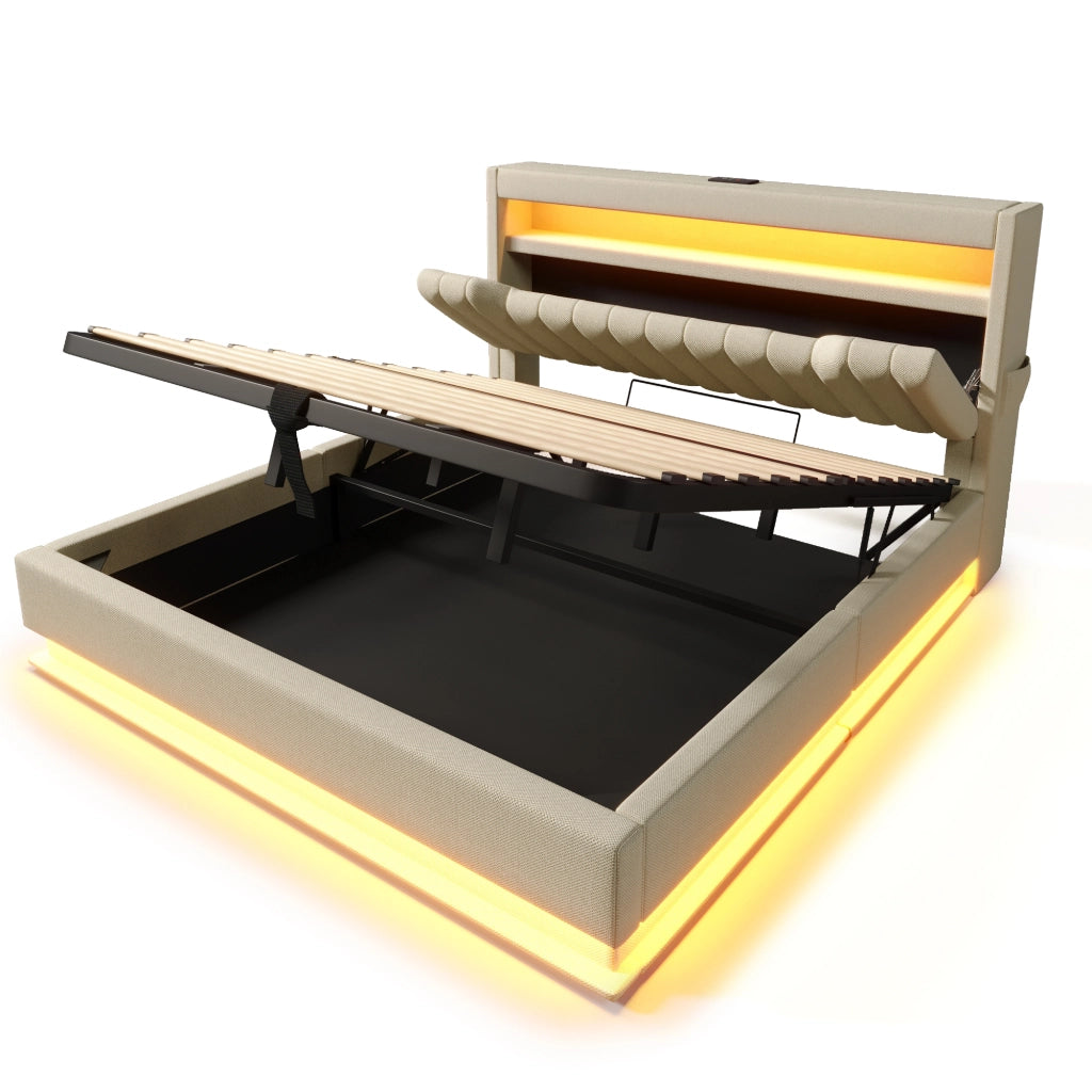 Letto contenitore 140x200 cm beige con luci LED
