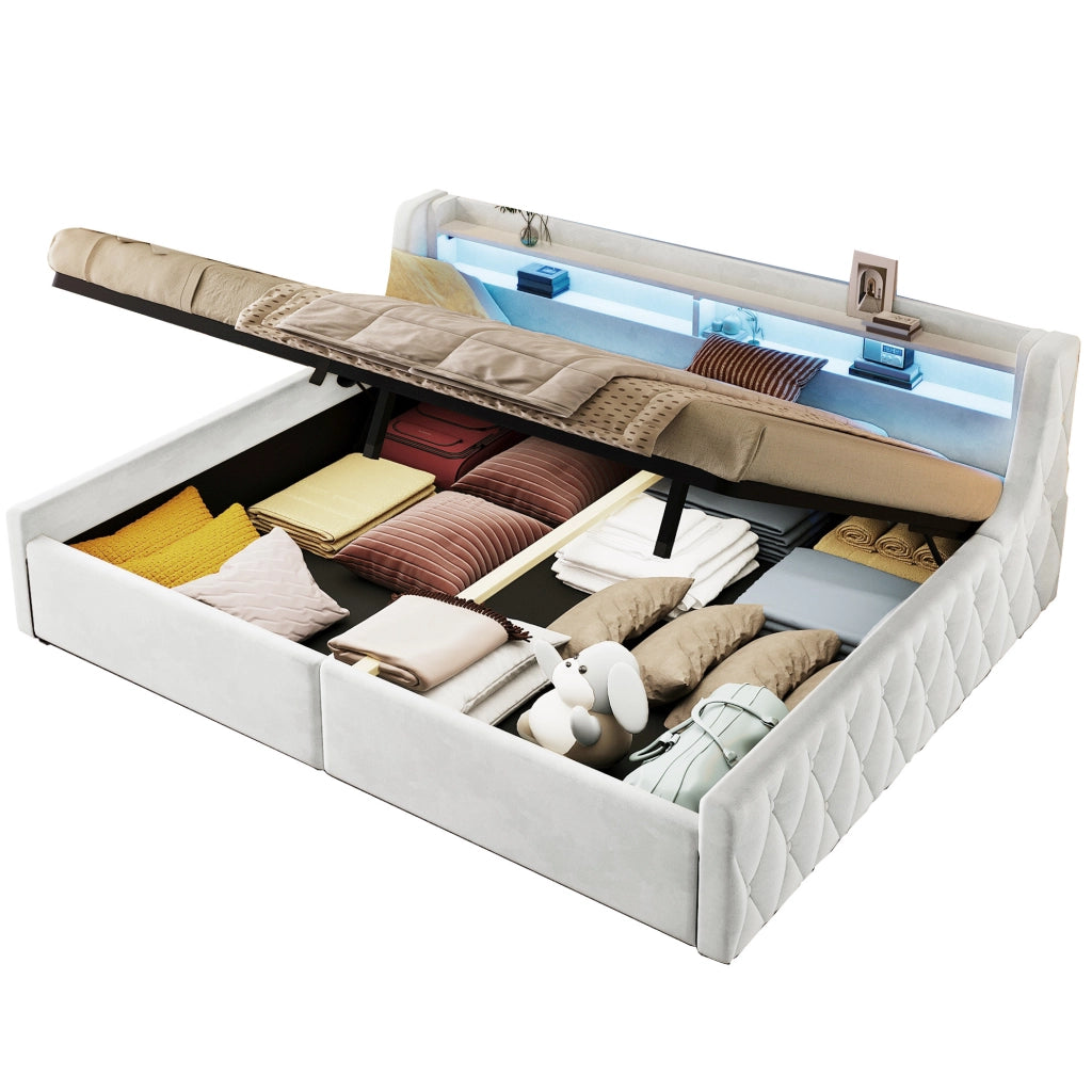 Letto imbottito 140x200 cm con contenitore idraulico e LED, bianco sporco