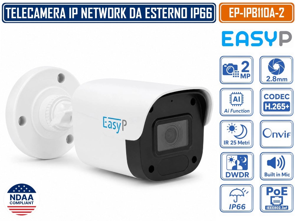 TELECAMERA BULLET IP EASY-P EP-IPB110A-2 2MP FULL HD CON INTELLIGENZA ARTIFICIALE, OTTICA 2.8 MM, IR 25M, MICROFONO INTEGRATO, IP66, POE E P2P