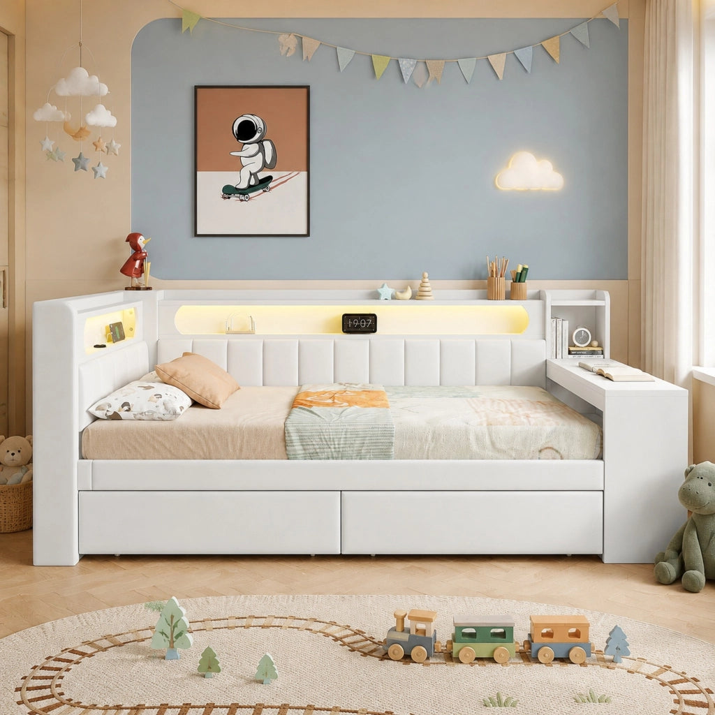 Letto singolo 90x200 cm con scrivania; 2 cassetti; LED e USB in MDF e compensato bianco